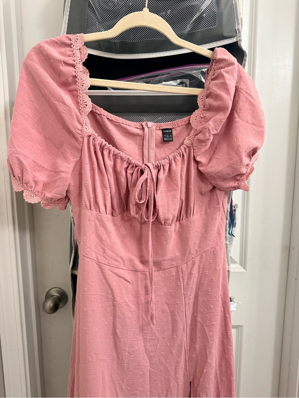 SHEIN Dusty Pink Puff Sleeve Midi Dress with Tie Front